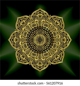 gold black mandala mantra om. Indian pattern decorative vector elements. Round golden flower. emerald glow