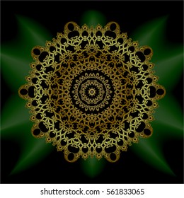 gold black mandala mantra om. Indian pattern decorative vector elements. Round golden flower. emerald glow