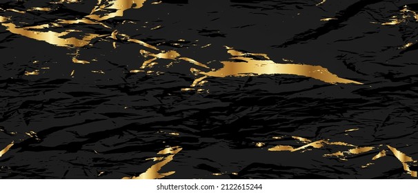 Gold black marble vector background, modern glitter foil effect, abstract luxury stone texture. Cracked dark surface, elegant fresco interior, wavy scratch minimal illustration. Gold marble granite