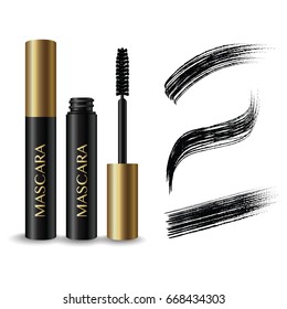 gold , black mascara product , black brush stroke hand drawn cosmetic makeup on white background vector illustration 