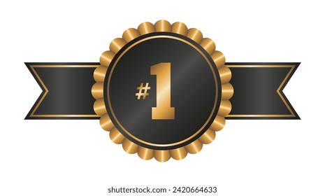 Gold and black medal badge with ribbon and number 1. 