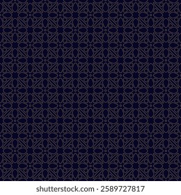 Gold and black minimal seamless pattern. Luxury golden linear vector geometric floral ornament. Abstract background texture with small flower silhouettes, leaves, lattice, thin lines. Repeating design