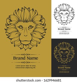 Gold and black monkey logo icon. Linear graphic stylized animal vector illustration. Business sign, identity, branding symbol