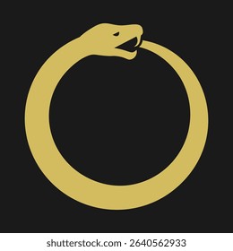 Gold, black Ouroboros snake eating tail. An ancient mythology symbol representing the eternal cycle of life, death and rebirth.
