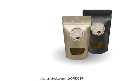 Gold and black package aluminum foil zipper coffee beans pouch with transparent window on white background for product design mock-up