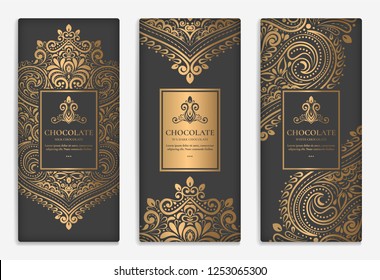 Gold and black packaging design of chocolate bars. Vintage vector ornament template. legant, classic elements. Great for food, drink and other package types. Can be used for background and wallpaper. 