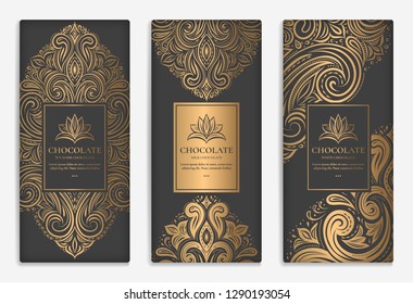 Gold and black packaging design of chocolate bars. Vintage vector ornament template. legant, classic elements. Great for food, drink and other package types. Can be used for background and wallpaper.