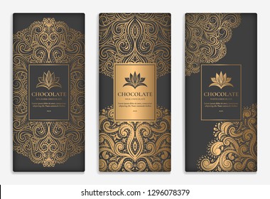 Gold and black packaging design of chocolate bars. Vintage vector ornament template. legant, classic elements. Great for food, drink and other package types. Can be used for background and wallpaper.