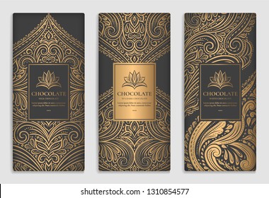 Gold and black packaging design of chocolate bars. Vintage vector ornament template. Elegant, classic elements. Great for food, drink and other package types. Can be used for background and wallpaper.