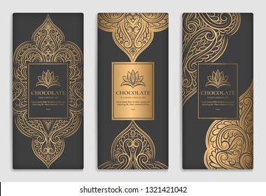 Gold and black packaging design of chocolate bars. Vintage vector ornament template. Elegant, classic elements. Great for food, drink and other package types. Can be used for background and wallpaper.