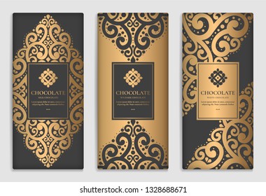 Gold and black packaging design of chocolate bars. Vintage vector ornament template. Elegant, classic elements. Great for food, drink and other package types. Can be used for background and wallpaper.