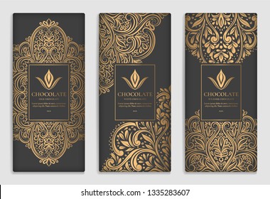 Gold and black packaging design of chocolate bars. Vintage vector ornament template. Elegant, classic elements. Great for food, drink and other package types. Can be used for background and wallpaper.