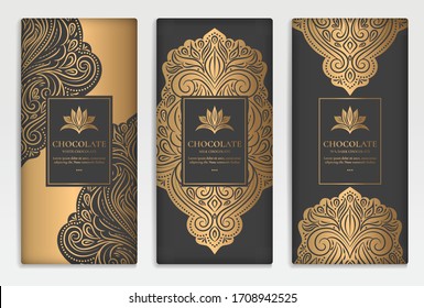 Gold and black packaging design of chocolate bars. Vintage vector ornament template. Elegant, classic elements. Great for food, drink and other package types. Can be used for background and wallpaper.