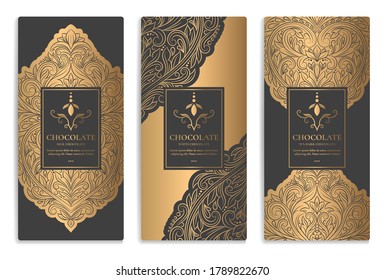 Gold and black packaging design of chocolate bars. Vintage vector ornament template. Elegant, classic elements. Great for food, drink and other package types. Can be used for background and wallpaper.