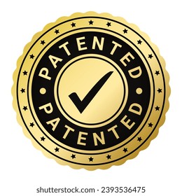 Gold and Black Patented Technology isolated rubber stamp with Tick icon vector illustration