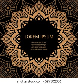 Gold black pattern frame. Luxury background design vector. Oriental indian mandala ornament for fashion print, art deco wedding, beauty salon concepts, royal holiday party cards.