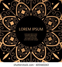 Gold black pattern frame. Luxury flower background design vector. Oriental indian mandala ornament for fashion print, art deco wedding, beauty salon concepts, royal holiday party cards.