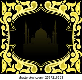 A gold and black patterned frame with a dark mosque silhouette, presenting an elegant and luxurious design.