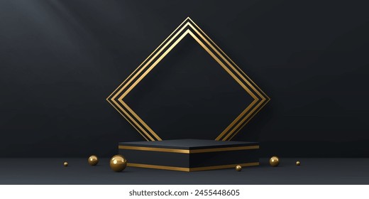 Schwarzes Podium in Gold. Würfelsockel-Bühne mit goldenen Glühperlen und Rhombus-Rahmen, realistisches 3D-Vektorgrafik-Mockup. Quadratische Plattform für Produktpräsentation im Studio. Hintergrund mit rechteckigem Ständer