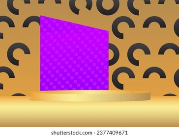 Gold, black and purple mockup product display. Vector cylinder pedestal podium. Stage showcase for presentation.