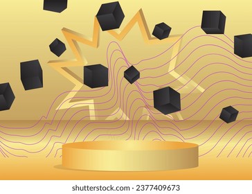 Gold, black and purple mockup product display. Vector cylinder pedestal podium. Stage showcase for presentation.