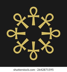 Ouro, preto radial ankh símbolos cruz. Um hieróglifo originário do antigo Egito que representa vida, imortalidade e reencarnação.