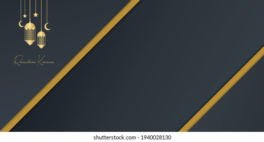 Gold and black ramadan background with lantern, moon and crescent decoration. Islamic greeting card design concept. Luxury arabesque pattern arabic east style for cover, brochure, flier, banner