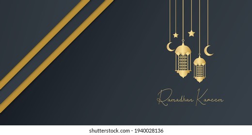 Gold and black ramadan background with lantern, moon and crescent decoration. Islamic greeting card design concept. Luxury arabesque pattern arabic east style for cover, brochure, flier, banner