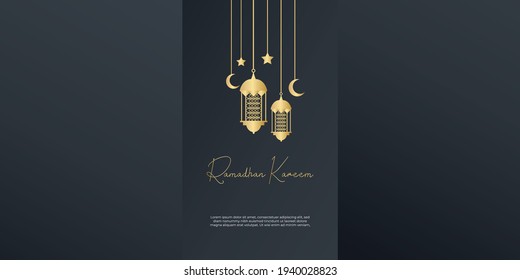 Gold and black ramadan background with lantern, moon and crescent decoration. Islamic greeting card design concept. Luxury arabesque pattern arabic east style for cover, brochure, flier, banner