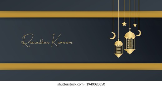 El dorado y el fondo negro de ramadán con una decoración de linterna, luna y media luna. Concepto islámico de diseño de tarjetas de felicitación. Diseño arabesco de lujo estilo árabe oriental para portada, folleto, volante, banner