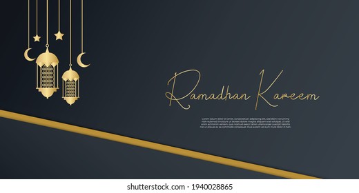 El dorado y el fondo negro de ramadán con una decoración de linterna, luna y media luna. Concepto islámico de diseño de tarjetas de felicitación. Diseño arabesco de lujo estilo árabe oriental para portada, folleto, volante, banner