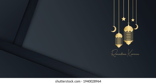 Gold and black ramadan background with lantern, moon and crescent decoration. Islamic greeting card design concept. Luxury arabesque pattern arabic east style for cover, brochure, flier, banner