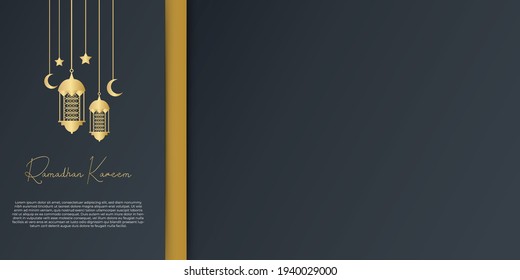 El dorado y el fondo negro de ramadán con una decoración de linterna, luna y media luna. Concepto islámico de diseño de tarjetas de felicitación. Diseño arabesco de lujo estilo árabe oriental para portada, folleto, volante, banner