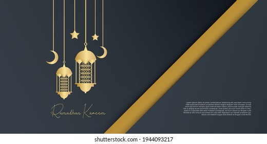 Gold and black ramadan background with lantern, moon and crescent decoration. Islamic greeting card design concept. Luxury arabesque pattern arabic east style for cover, brochure, flier, banner