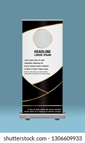 Gold and black Roll Up Banner template vector illustration.