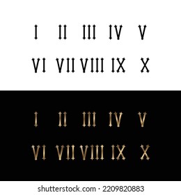 Gold and Black roman numerals set elegant ancient number font 1 to 10 old luxury math for templates and retro.  Vector illustration isolated.