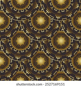 Ouro e preto redondo ladrilhado brilhante 3d mandalas padrão sem emenda. Fundo do vetor ornamental. Mandalas douradas radiais de círculo moderno. Luxo ornamentos geométricos bonitos.  Superfície textura sem fim.