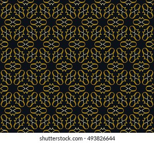 Gold and black seamless geometric line pattern in arabian style, ethnic ornament. Endless hexagonal texture for wallpaper, banners, invitation cards. Golden lace graphic background