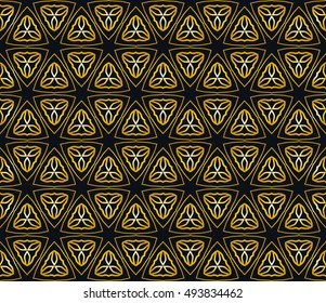 Gold and black seamless geometric line pattern in arabian style, ethnic ornament. Endless hexagonal texture for wallpaper, banners, invitation cards. Golden lace graphic background