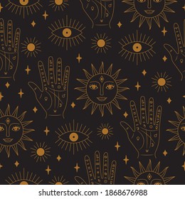 Gold and Black Seamless Palm and Sun Pattern in Vector.