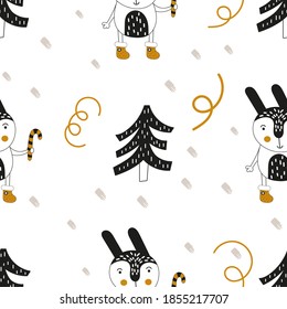 Gold und Schwarz Nahtlose Muster für Weihnachtsdesign im skandinavischen Stil. Weihnachtsmütze mit Süßigkeiten. Vektorgrafik für Verpackungen. Das Muster wird geschnitten, keine Schnittmaske.