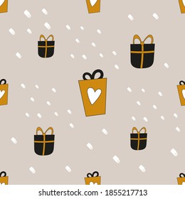 Gold and black Seamless pattern for Christmas design. Christmas gift packs and presents. Vector illustration for packaging. Pattern is cut, no clipping mask.