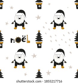 Gold and black Seamless pattern for Christmas design in Scandinavian style. Santa Claus  and tree. Vector illustration for packaging. Pattern is cut, no clipping mask.