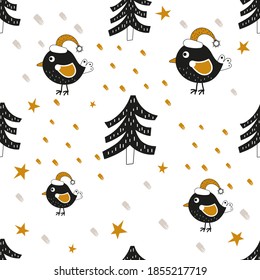 Gold und Schwarz Nahtlose Muster für Weihnachtsdesign im skandinavischen Stil. Weihnachtsbaum und Vogel. Vektorgrafik für Verpackungen. Das Muster wird geschnitten, keine Schnittmaske.