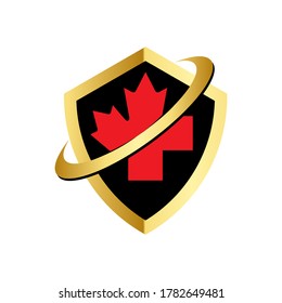 gold and black shield health care canada logo with red cross and maple leaf symbol