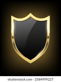 Gold Black shield, Realistic isolated golden armory trophy with metal coat, 3d luxury safety protection emblem, vintage blank shiny royal award. vector design illustration on dark background 