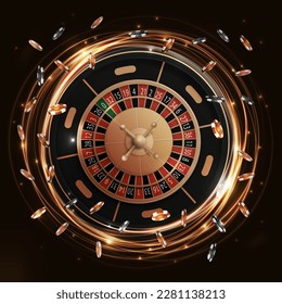 Gold and black shine neon rotate Casino Roulette wheel with poker chips, luxury casino element