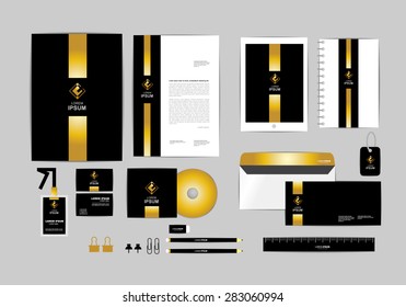 Gold, Black And Silver Corporate Identity Template For Your Business Includes CD Cover, Business Card, Folder, Ruler, Envelope And Letter Head Designs 1