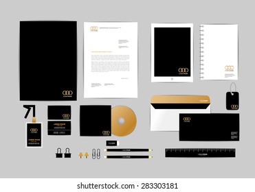 gold, black and silver corporate identity template for your business includes CD Cover, Business Card, folder, ruler, Envelope and Letter Head Designs 9