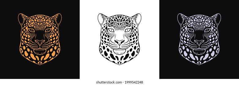 Gold, black and silver jaguar head, set of isolated outline jaguar face. Spotted panther, predatory wildcat. Jaguar silhouette, logo and mascot. Vector illustration for graphic design, cover, print